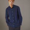 Classic , washed shirt with french collar comfrot fit indigo herringbone fabric