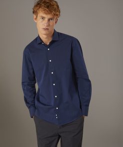 Classic , washed shirt with french collar comfrot fit indigo herringbone fabric