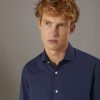 Classic , washed shirt with french collar comfrot fit indigo herringbone fabric