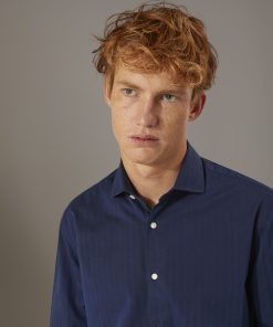 Classic , washed shirt with french collar comfrot fit indigo herringbone fabric