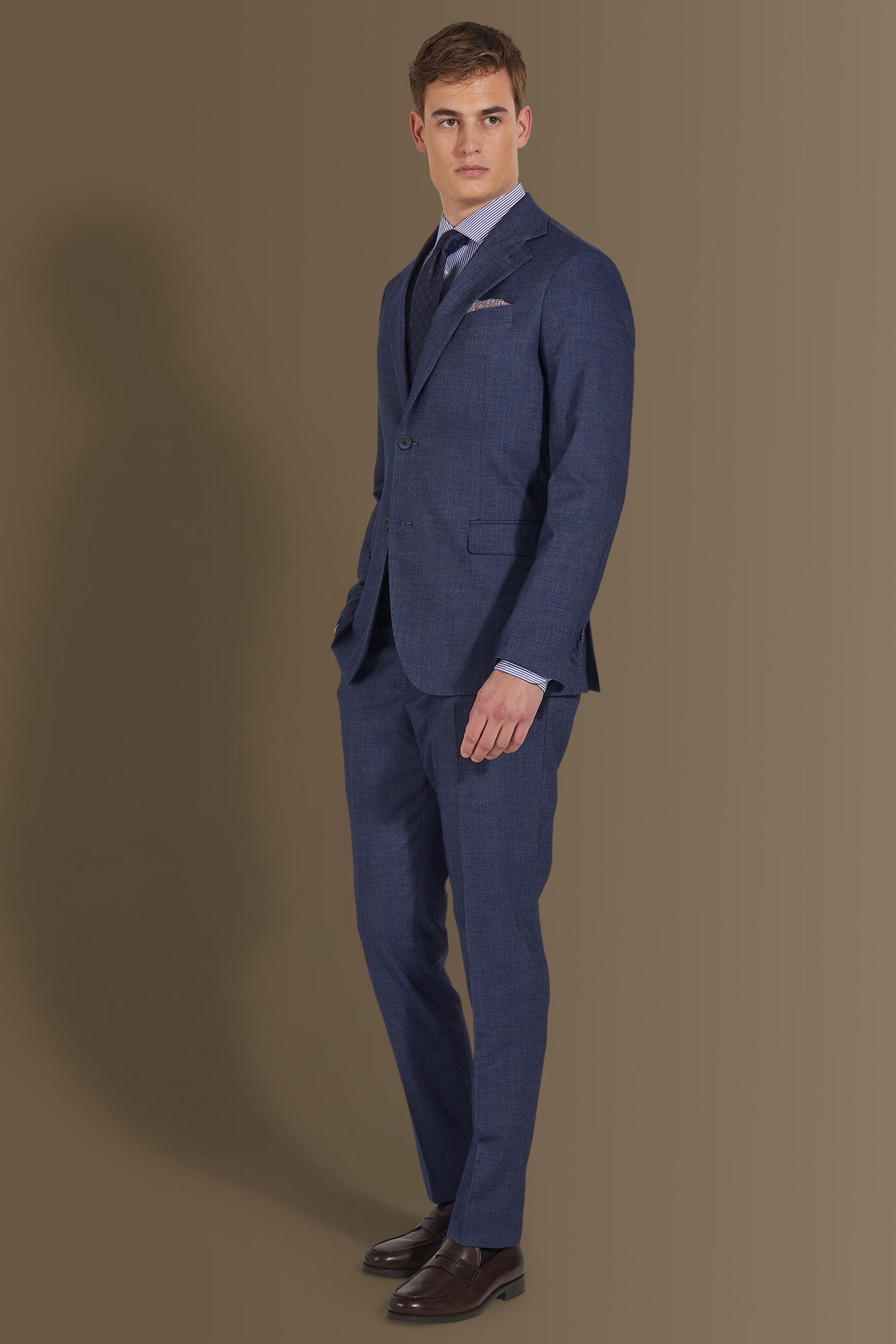 Single breasted suit flat trousers denim fabric effect