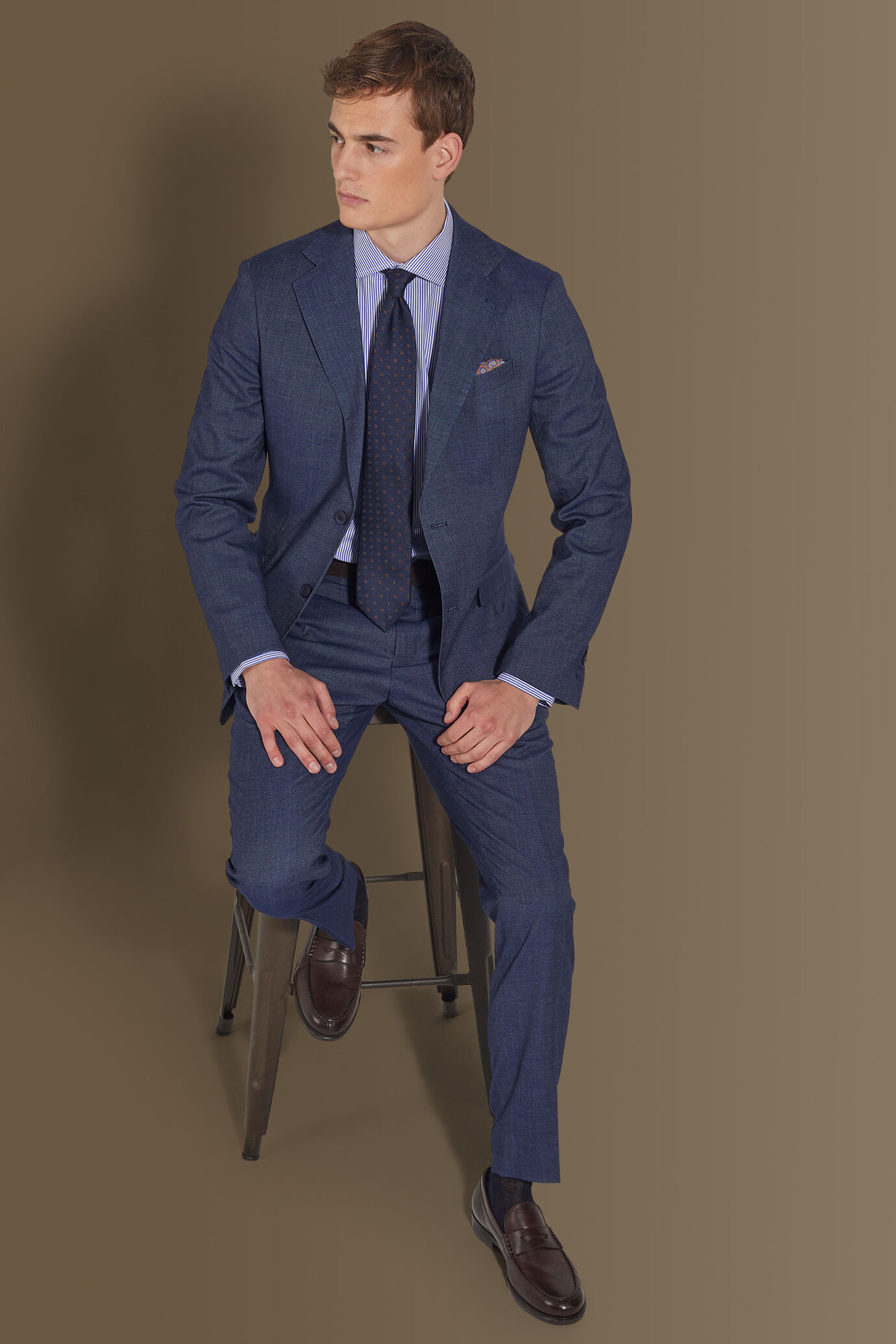 Single breasted suit flat trousers denim fabric effect