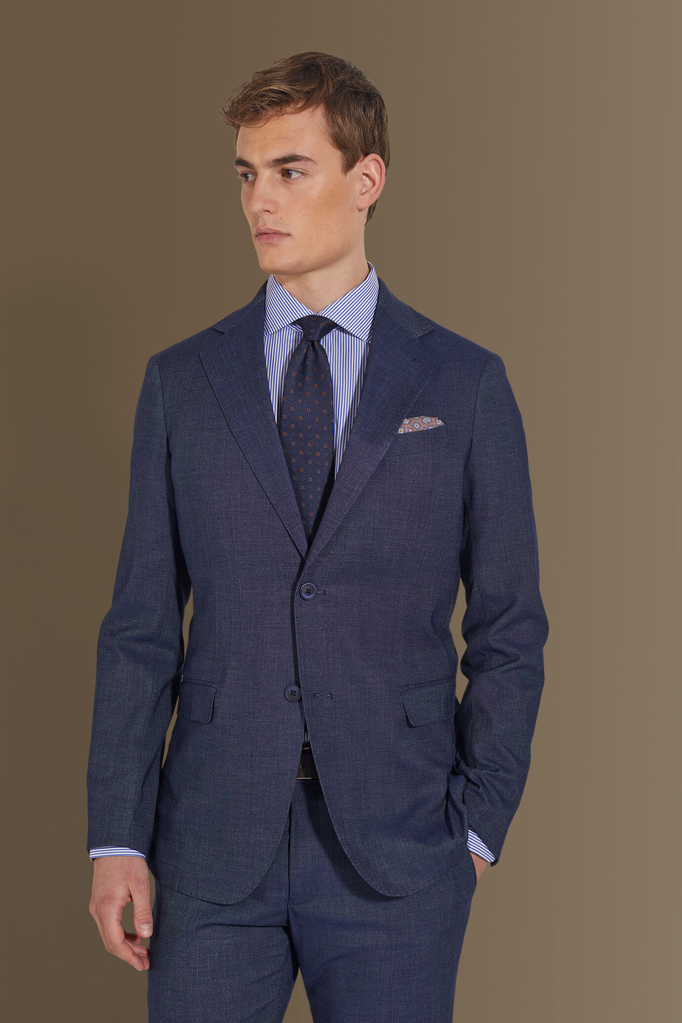 Single breasted suit flat trousers denim fabric effect