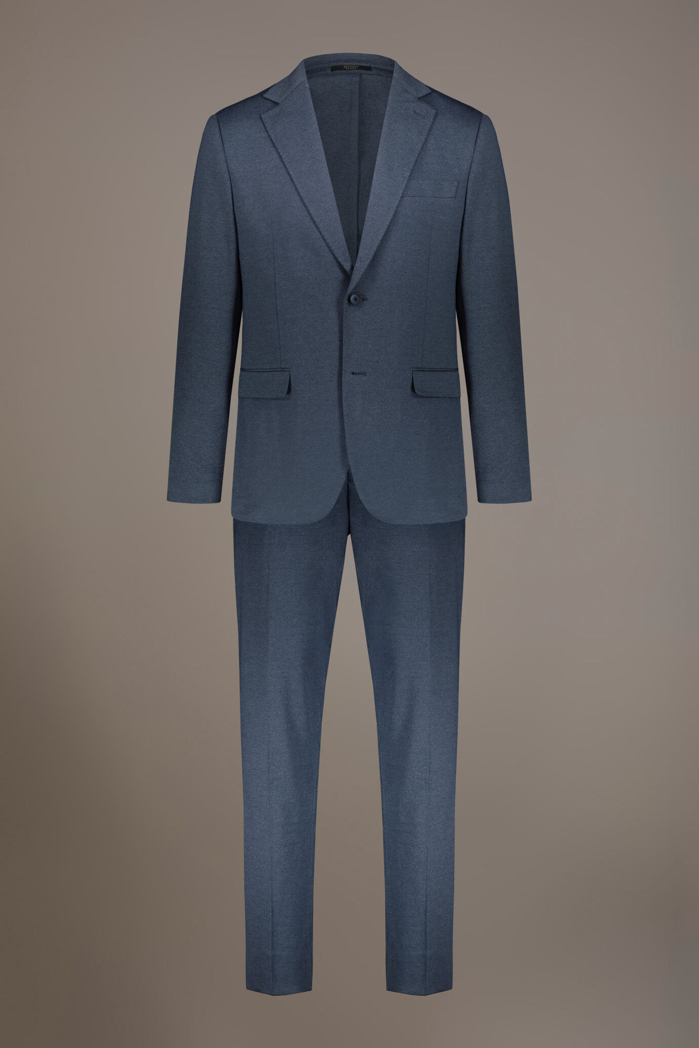 Regular fit single-breasted suit in solid colour jersey fabric